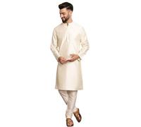 SKAVIJ Men's Art Silk Solid Kurta Pyjama Set Festive Woven Design 2-Piece Ethnic Dress (KP055offwhite_Off White_XL)