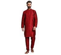 SKAVIJ Men's Art Silk Solid Kurta Pyjama Set Festive Woven Design 2-Piece Ethnic Dress (KP055red_Red_S)