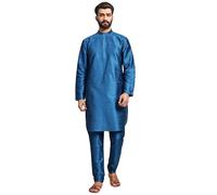 SKAVIJ Men's Art Silk Solid Kurta Pyjama Set Festive Woven Design 2-Piece Ethnic Dress (KP055turquoise_Turquoise_S)
