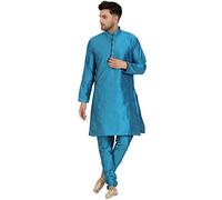 SKAVIJ Men's Art Silk Thread Work Kurta Pajama Set Woven Design Embroidered Festive Ethnic Dress (KP024turquoise_Turquoise_S)