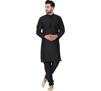 SKAVIJ Men's Art Silk Thread Work Kurta Pajama Set Woven Design Embroidered Festive Ethnic Dress (KP024black_Black_S)