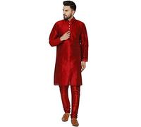 SKAVIJ Men's Art Silk Thread Work Kurta Pajama Set Woven Design Embroidered Festive Ethnic Dress (KP024red_Red_L)