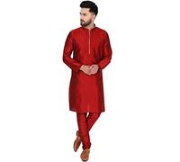 SKAVIJ Men's Art Silk Thread Work Kurta Set Woven Design Festive Embroidered Ethnic Dress (KP028red_Red_S)