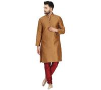 SKAVIJ Men's Art Silk Woven Design Kurta Pajama Set Festive Jacquard 2-Piece Ethnic Dress (KP041brown_Brown_S)