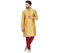 SKAVIJ Men's Art Silk Woven Design Kurta Pajama Set Festive Jacquard 2-Piece Ethnic Dress (KP041gold_Gold_S)