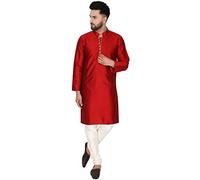SKAVIJ Men's Art Silk Woven Design Kurta Pajama Set Festive Jacquard 2-Piece Ethnic Dress (KP041red_Red_XL)