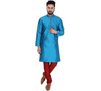 SKAVIJ Men's Art Silk Woven Design Kurta Pajama Set Festive Jacquard 2-Piece Ethnic Dress (KP041turquoise_Turquoise_L)