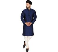 SKAVIJ Men's Brocade Art Silk Woven Design Kurta Pajama Set Checked Pattern Festive Party Dress (KP038blue_Blue_XL)