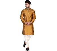 SKAVIJ Men's Brocade Art Silk Woven Design Kurta Pajama Set Checked Pattern Festive Party Dress (KP038brown_Brown_S)