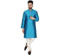 SKAVIJ Men's Brocade Art Silk Woven Design Kurta Pajama Set Checked Pattern Festive Party Dress (KP038turquoise_Turquoise_S)