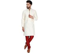 SKAVIJ Men's Brocade Art Silk Woven Design Kurta Pajama Set Checked Pattern Festive Party Dress (KP038offwhite_Off White_XL)