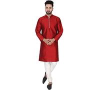 SKAVIJ Men's Brocade Art Silk Woven Design Kurta Pajama Set Checked Pattern Festive Party Dress (KP038red_Red_S)