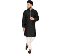 SKAVIJ Men's Brocade Art Silk Woven Design Kurta Pajama Set Checked Pattern Festive Party Dress (KP038black_Black_S)
