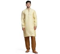 SKAVIJ Men's Brocade Silk Embroidered Kurta Pajama Set Thread Work Festive Party Ethnic Dress (KP057beige_Beige_S)