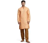 SKAVIJ Men's Brocade Silk Embroidered Kurta Pajama Set Thread Work Festive Party Ethnic Dress (KP057orange_Orange_M)