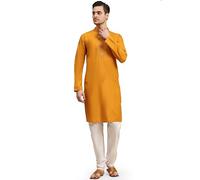 SKAVIJ Men's Cotton Blend Embroidered Kurta Pyjama Set Thread Work Woven Design Festive Ethnic Dress (KP136gold_Gold_L)