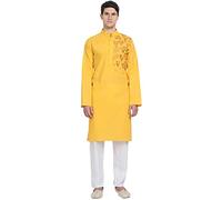 SKAVIJ Men's Cotton Embroidered Kurta Pyjama Set Floral Ethnic Motifs Festive Ethnic Dress (KP076gold_Gold_S)