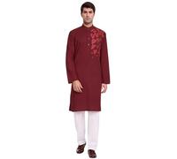 SKAVIJ Men's Cotton Embroidered Kurta Pyjama Set Floral Ethnic Motifs Festive Ethnic Dress (KP076red_Red_XL)