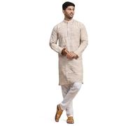 SKAVIJ Men's Cotton Embroidered Kurta Pyjama Set Mandarin Collar Woven Design Ethnic Dress (KP135beige_Beige_L)