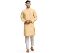SKAVIJ Men's Cotton Embroidered Kurta Pyjama Set Mandarin Collar Woven Design Ethnic Dress (KP135gold_Gold_S)