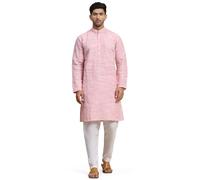 SKAVIJ Men's Cotton Embroidered Kurta Pyjama Set Mandarin Collar Woven Design Ethnic Dress (KP135pink_Pink_L)