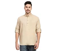 SKAVIJ Men's Cotton Kurta Long Sleeve Casual Henley Shirt (Large, Beige)