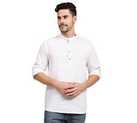 SKAVIJ Men's Cotton Kurta Long Sleeve Casual Henley Shirt (Large, White)
