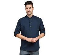 SKAVIJ Men's Cotton Kurta Long Sleeve Casual Henley Shirt (Medium, Blue)
