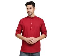 SKAVIJ Men's Cotton Kurta Long Sleeve Casual Henley Shirt (Medium, Red)