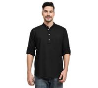 SKAVIJ Men's Cotton Kurta Long Sleeve Casual Henley Shirt (X-Large, Black)