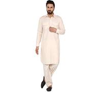 SKAVIJ Men's Cotton Pathani Kurta Pyjama Set Regular Long Sleeves 2-Piece Casual Dress (KP043beige_Beige_S)