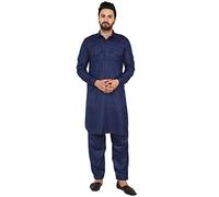 SKAVIJ Men's Cotton Pathani Kurta Pyjama Set Regular Long Sleeves 2-Piece Casual Dress (KP043blue_Blue_S)