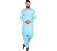 SKAVIJ Men's Cotton Pathani Kurta Pyjama Set Regular Long Sleeves 2-Piece Casual Dress (KP043turquoise_Turquoise_XL)