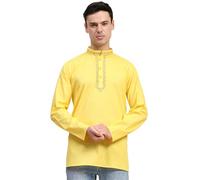 SKAVIJ Men's Cotton Short Kurta Shirt Round Neck Tunic Regular Fit (Medium, Yellow)