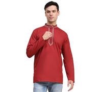 SKAVIJ Men's Cotton Short Kurta Shirt Round Neck Tunic Regular Fit (Small, Red)