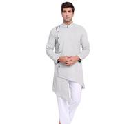 SKAVIJ Men's Cotton Solid Kurta Pyjama Angrakha 2-Piece Ethnic Casual Dress (KP067grey_Grey_S)
