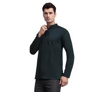 SKAVIJ Men's Cotton Tunic Long Sleeve Casual Short Kurta Green_L