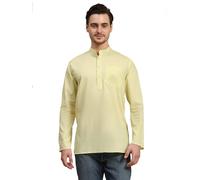 SKAVIJ Men's Cotton Tunic Long Sleeve Casual Short Kurta Lemon_L
