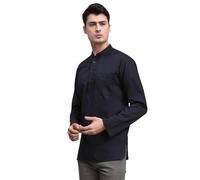 SKAVIJ Men's Cotton Tunic Long Sleeve Casual Short Kurta (Small, Blue)