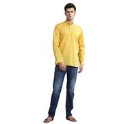 SKAVIJ Men's Cotton Tunic Long Sleeve Casual Short Kurta (X-Large, Yellow)