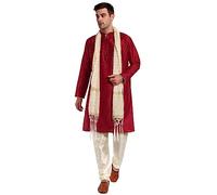 SKAVIJ Men's Dupion Silk Contrast Kurta Pajama Set with Scarf Woven Design Thread Work Ethnic Dress (KP120red_Red_S)