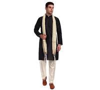 SKAVIJ Men's Dupion Silk Contrast Kurta Pajama Set with Scarf Woven Design Thread Work Ethnic Dress (KP120black_Black_S)