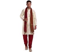 SKAVIJ Men's Dupion Silk Contrast Kurta Pajama Set with Scarf Woven Design Thread Work Ethnic Dress (KP120offwhite_Off White_XL)