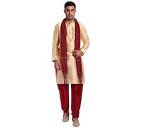 SKAVIJ Men's Dupion Silk Contrast Kurta Pajama Set with Scarf Woven Design Thread Work Ethnic Dress (KP120beige_Beige_S)