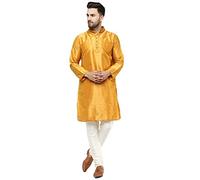 SKAVIJ Men's Dupion Silk Embroidered Kurta Pajama Mandarin Collar Ethnic Motifs Festive Party Dress (KP002gold_Gold_S)