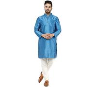 SKAVIJ Men's Dupion Silk Embroidered Kurta Pajama Mandarin Collar Ethnic Motifs Festive Party Dress (KP002turquoise_Turquoise_S)
