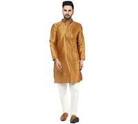 SKAVIJ Men's Dupion Silk Embroidered Kurta Pajama Mandarin Collar Ethnic Motifs Festive Party Dress (KP002brown_Brown_S)