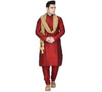 SKAVIJ Men's Dupion Silk Embroidered Kurta Set with Scarf Woven Design Thread Work 3-Piece Ethnic Dress (KP031red_Red_S)