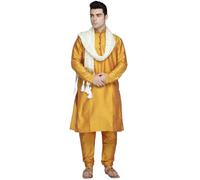 SKAVIJ Men's Dupion Silk Embroidered Kurta Set with Scarf Woven Design Thread Work 3-Piece Ethnic Dress (KP031gold_Gold_L)