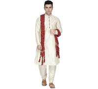 SKAVIJ Men's Dupion Silk Embroidered Kurta Set with Scarf Woven Design Thread Work 3-Piece Ethnic Dress (KP031offwhite_Off White_S)